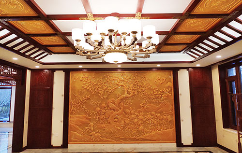 霞浦中式别墅客厅中式木作横梁吊顶装饰展示