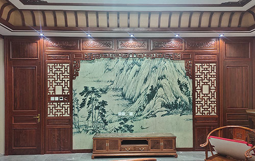 霞浦中式仿古别墅客厅背景墙花格木作装饰
